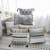 Black and white patterned pillows on a chair and floor in a room setting.