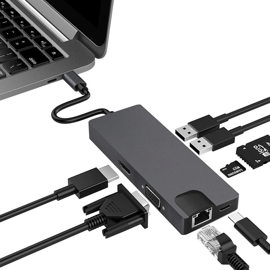 USB hub with multiple cables connected to a laptop on a white background