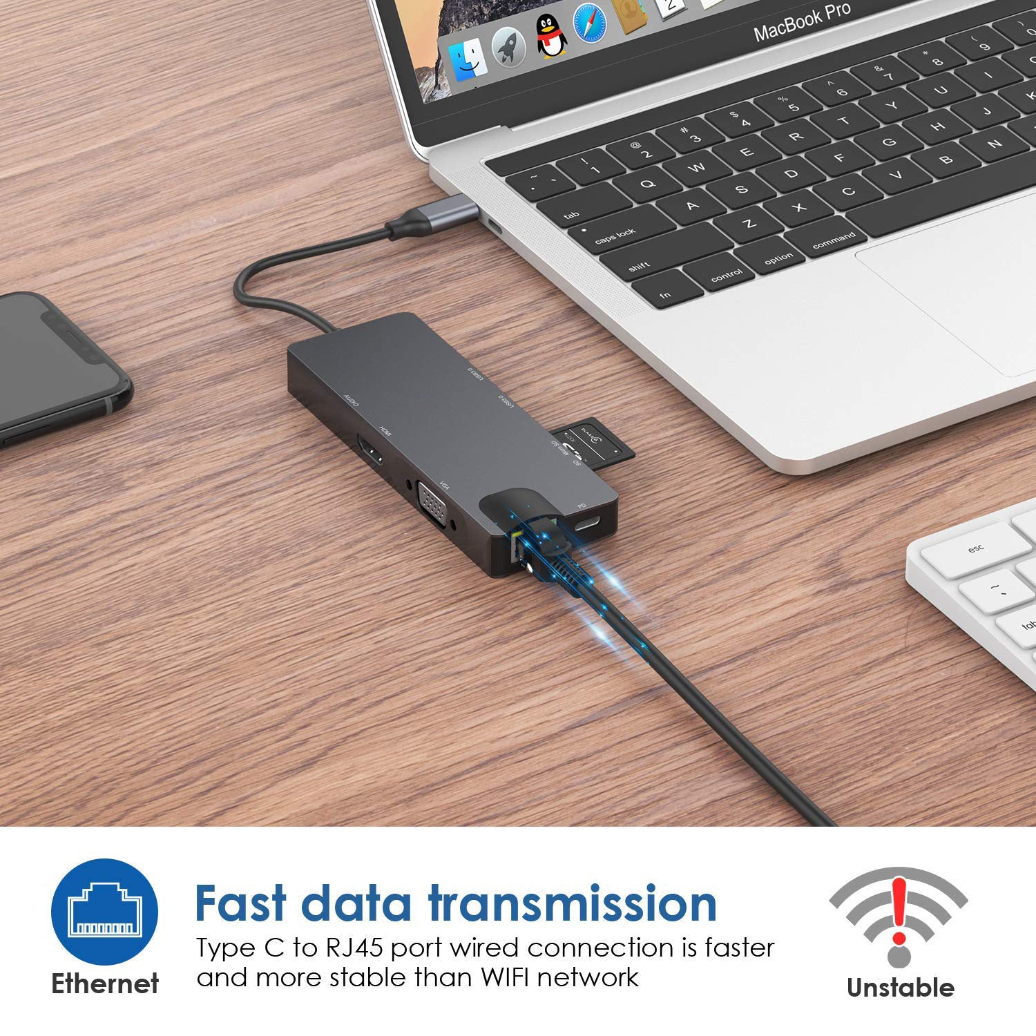 USB hub connected to a laptop on a wooden desk with text about fast data transmission.