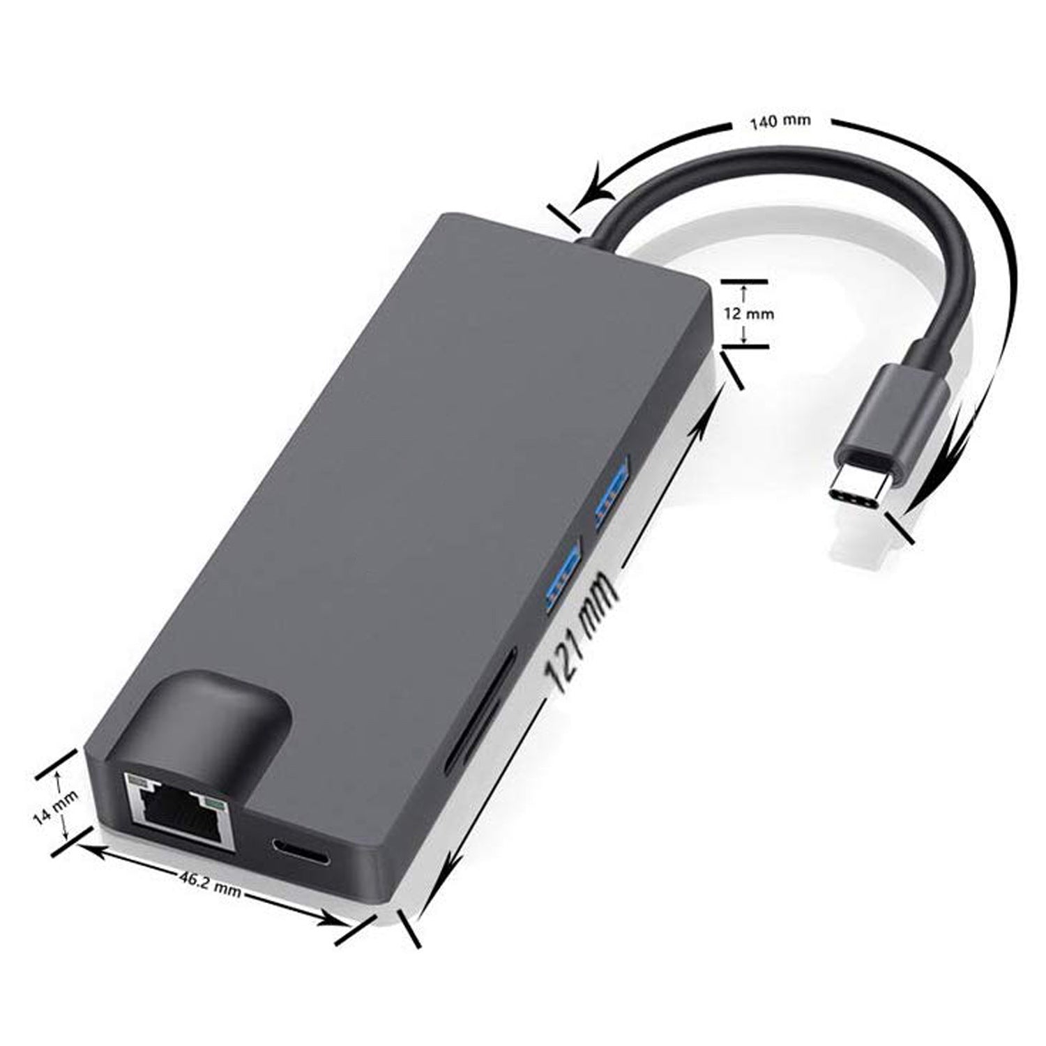 Gray USB hub with cable on a white background