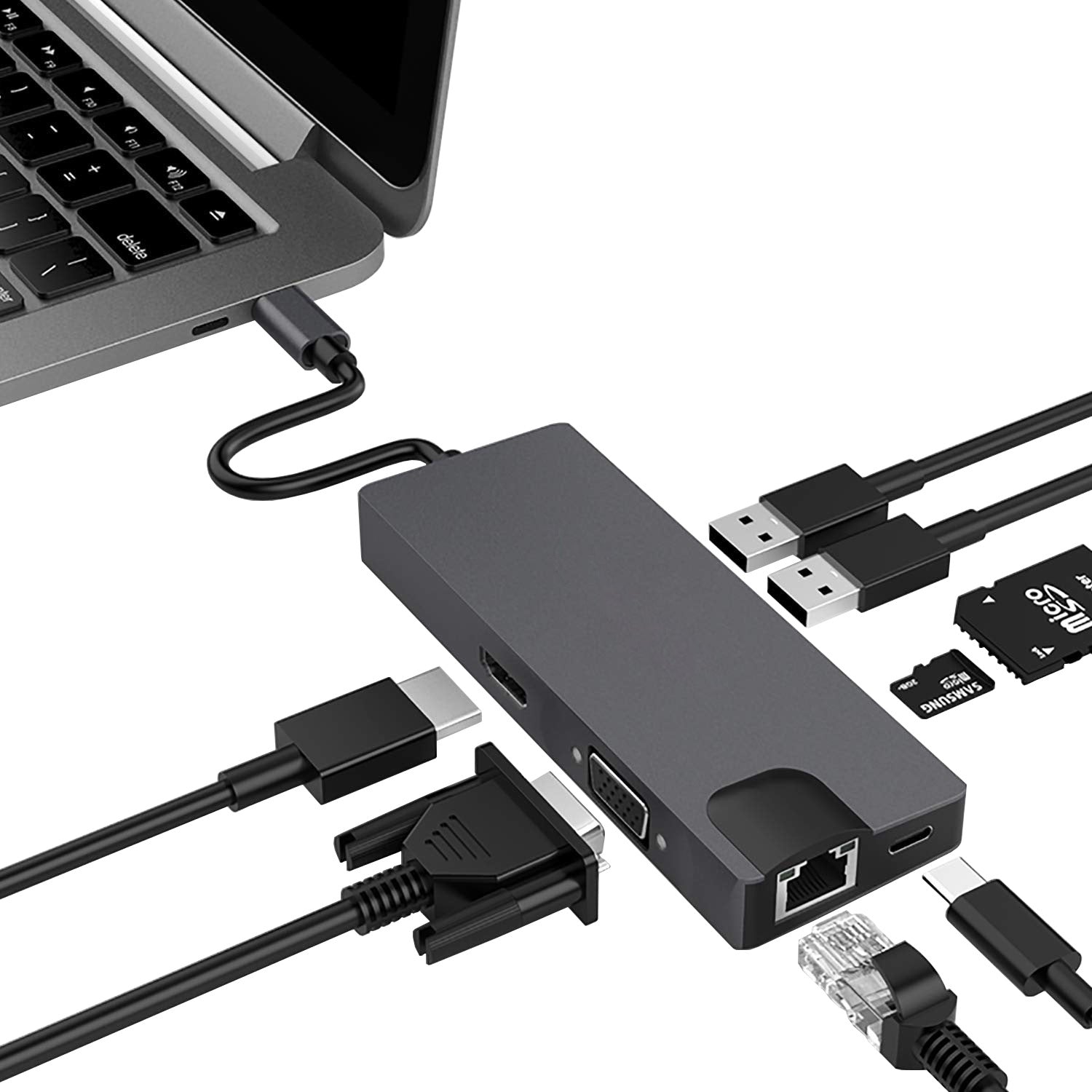 USB hub with multiple cables connected to a laptop on a white background