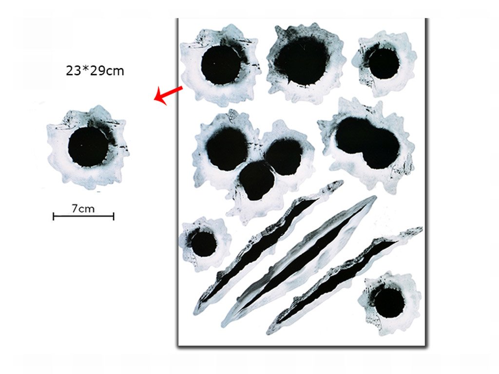 Decorative wall stickers with bullet hole designs and measurement details on a white background