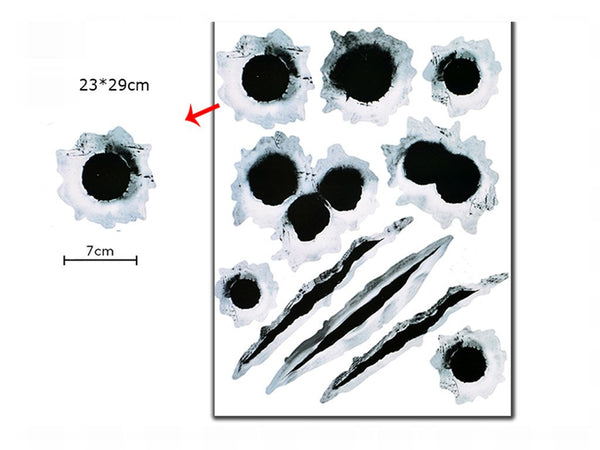 Decorative wall stickers with bullet hole designs and measurement details on a white background