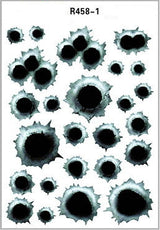 Sheet of bullet hole decals on a white background