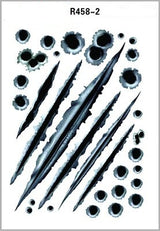 Set of black scratch and bullet hole decals on a white background