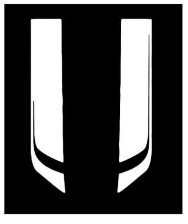 White symbol resembling a stylized 'U' on a black background