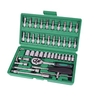 Set of tools in a green case on a white background