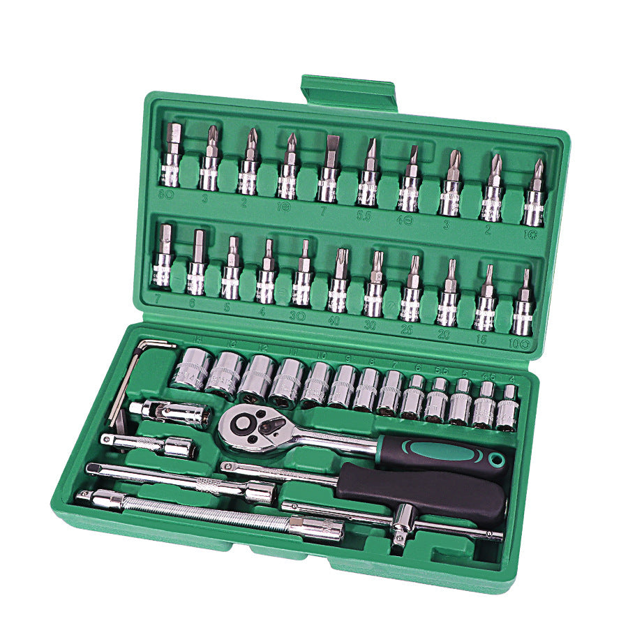 Set of tools in a green case on a white background