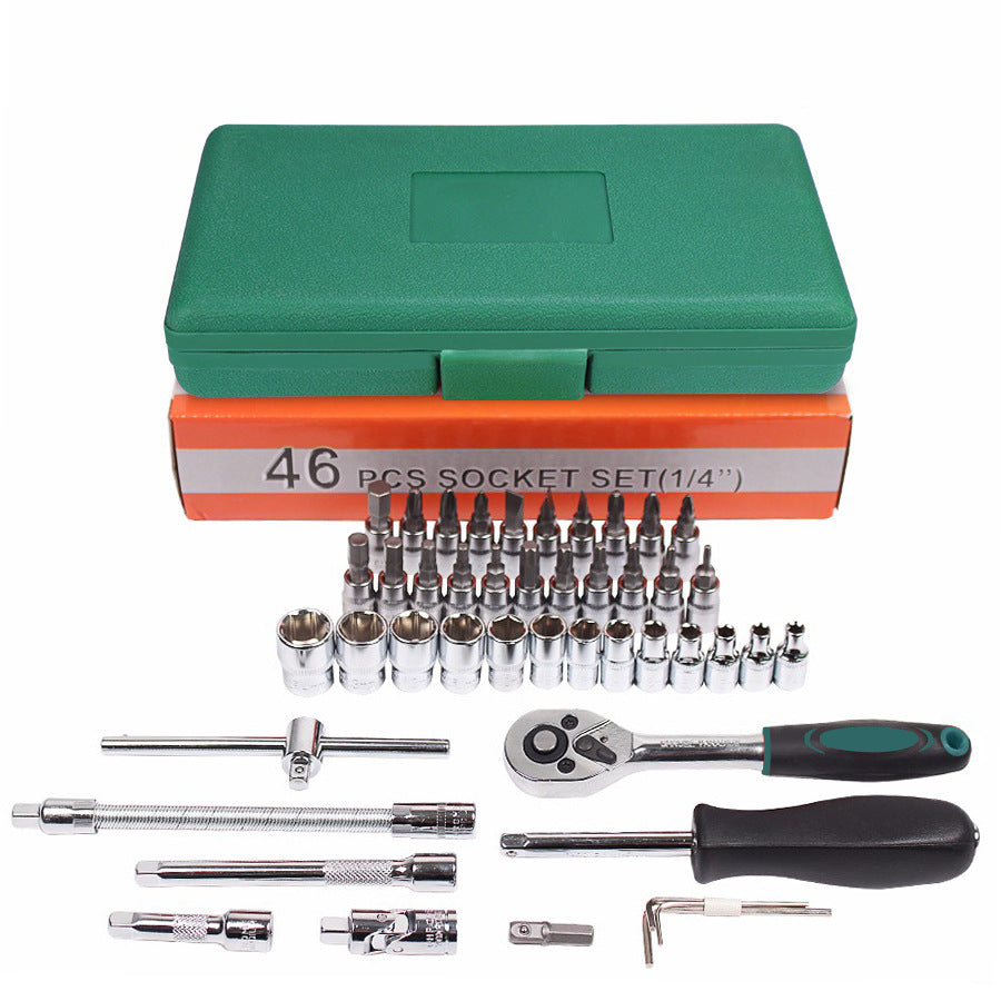 46-piece socket set with tools and green and orange box on a white background