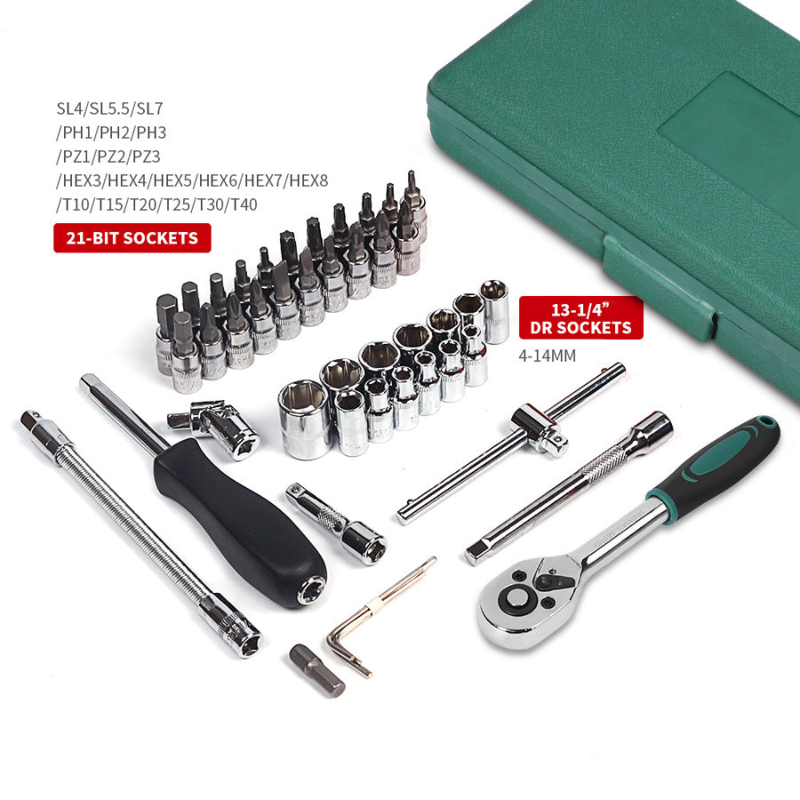 Set of sockets, ratchets, and tools with a green case on a white background