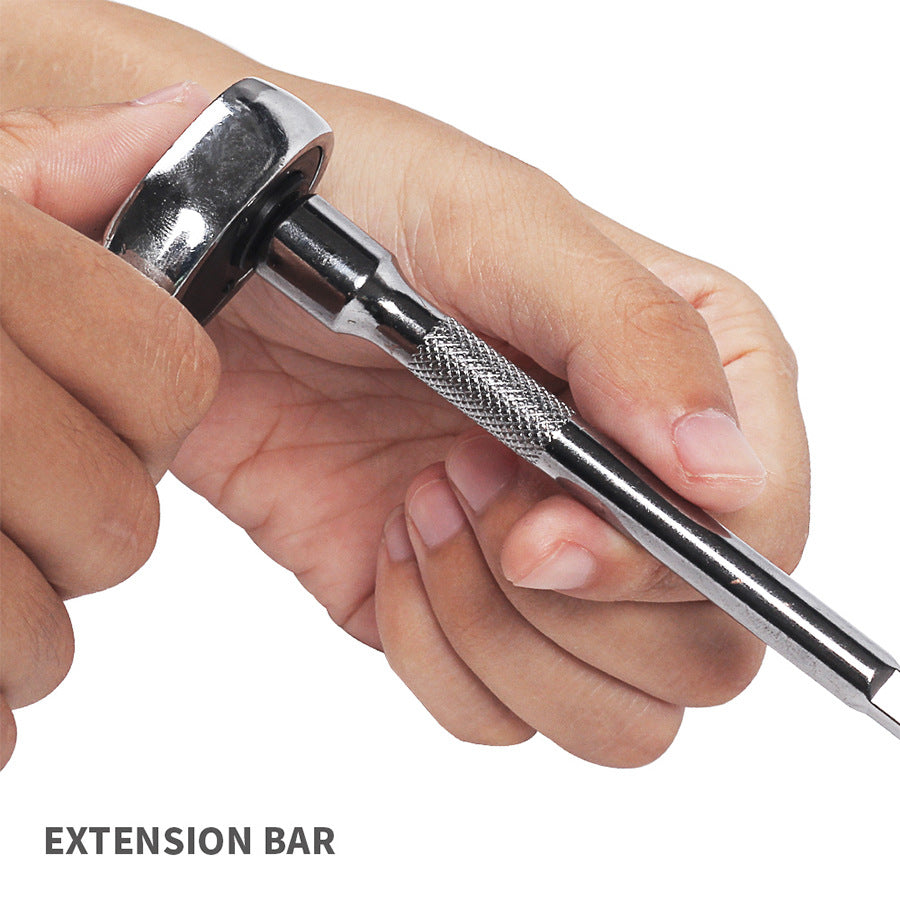 Hand holding a metal extension bar with a white background