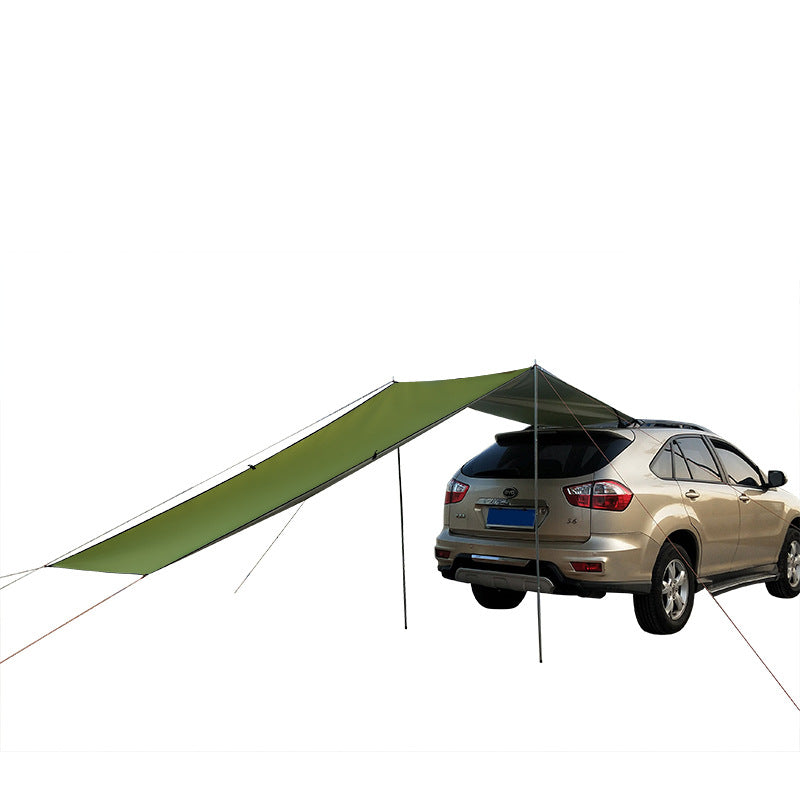 Car with a green tarp attached to it on a white background