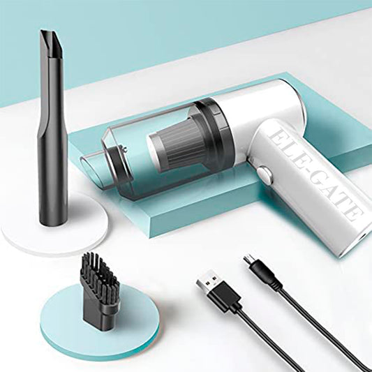White handheld vacuum cleaner with attachments on a light blue background