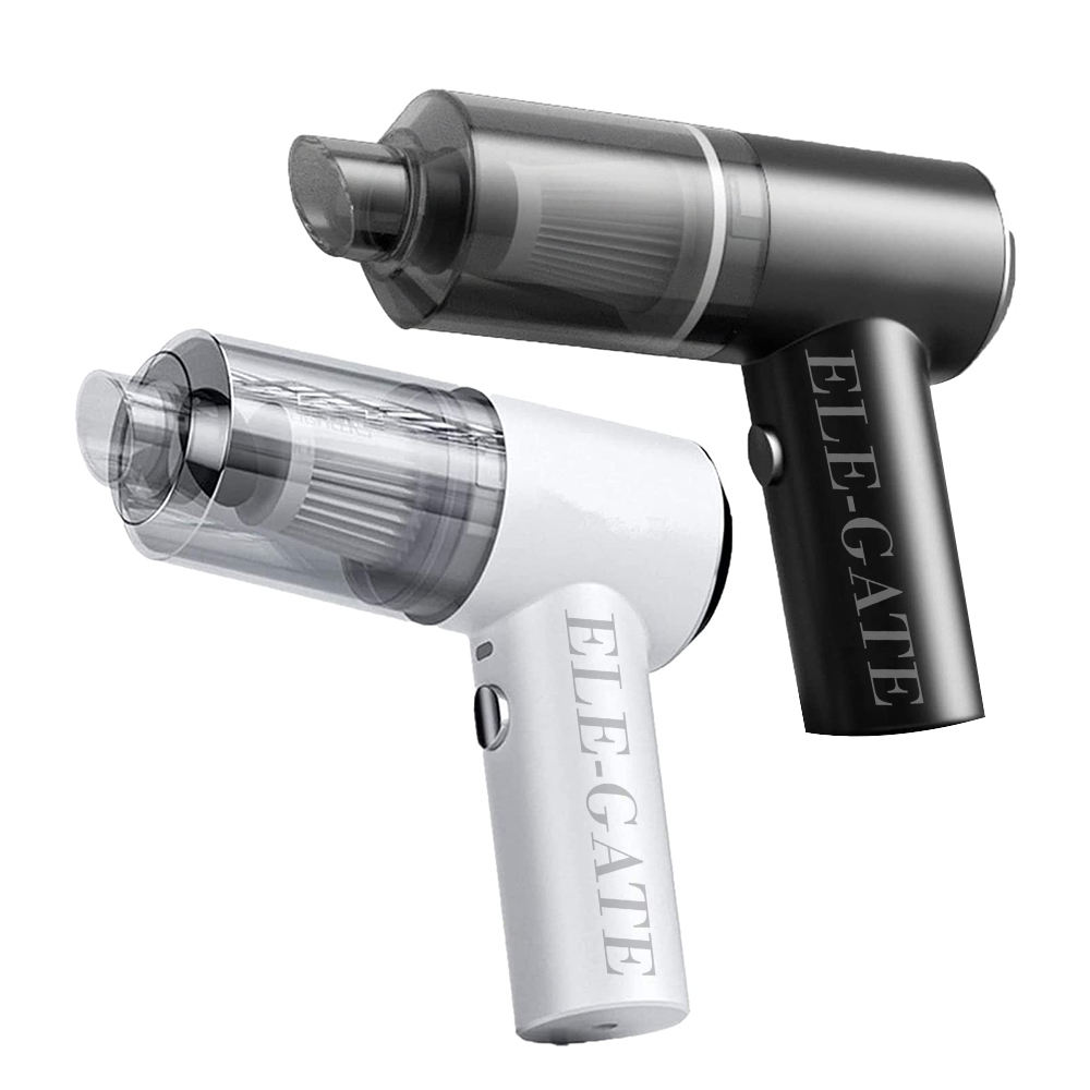 Two handheld vacuums, one white and one gray, with 'ELE-GATE' branding on a white background.