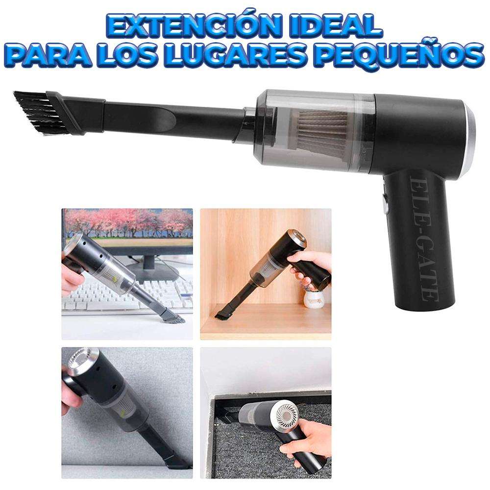 Handheld vacuum cleaner with various attachments and usage scenarios on a white background.