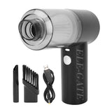 Black and gray hair dryer with attachments and USB cable on a white background, featuring the brand 'ELE-GATE'.