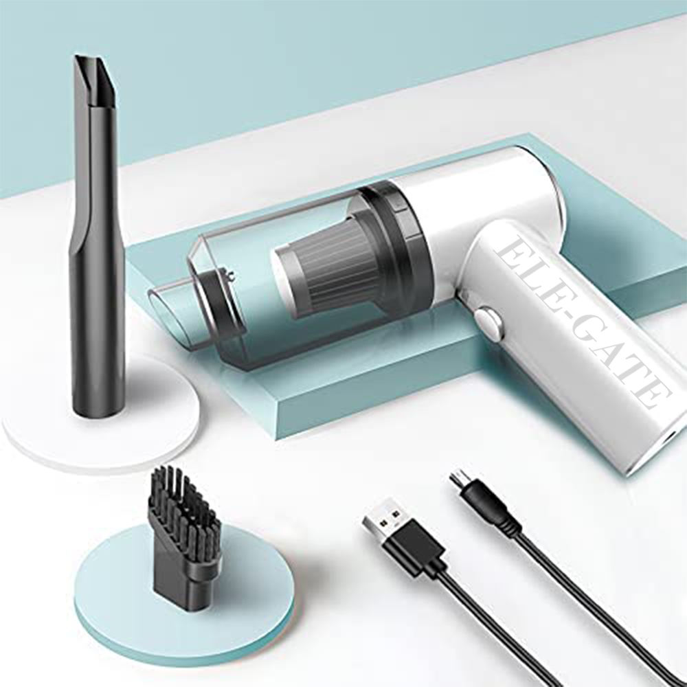 White handheld vacuum cleaner with attachments on a light blue background