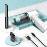 White handheld vacuum cleaner with attachments on a light blue background