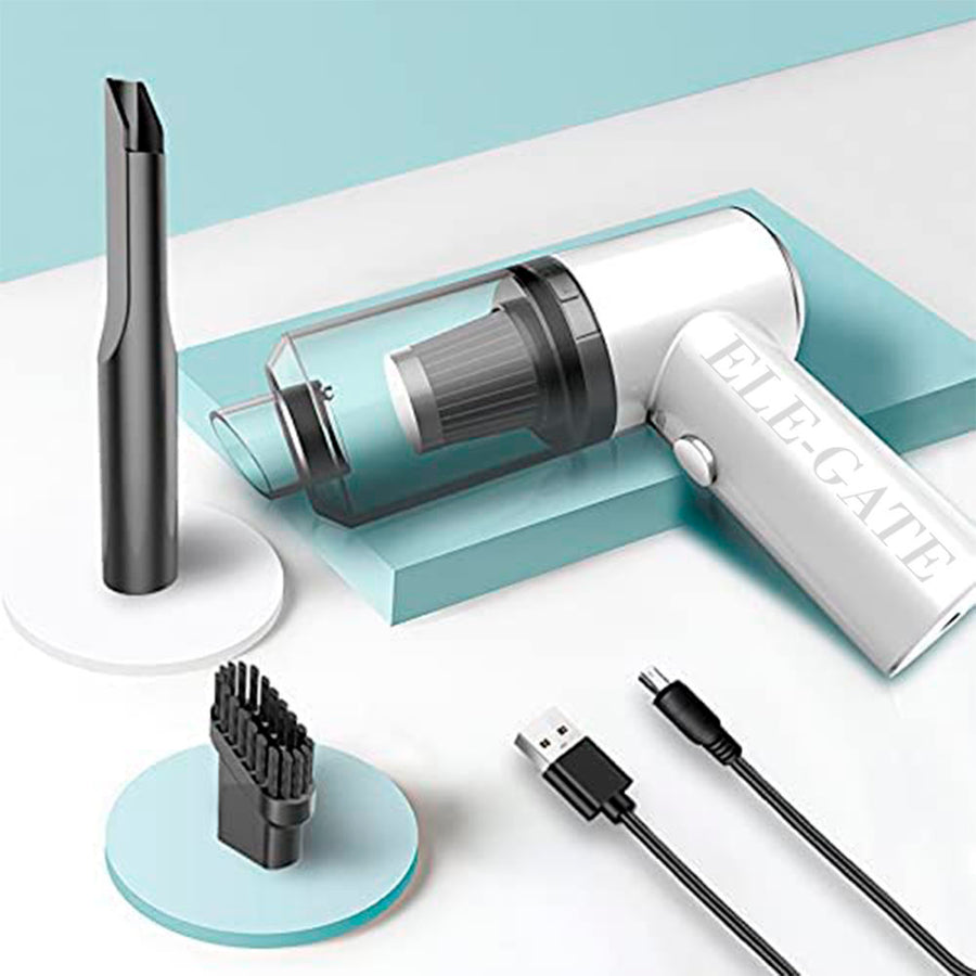 White handheld vacuum cleaner with attachments on a light blue background