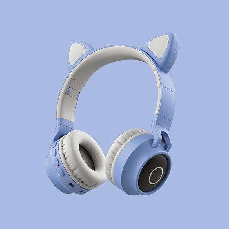 Blue and white headphones with cat ear design on a light blue background