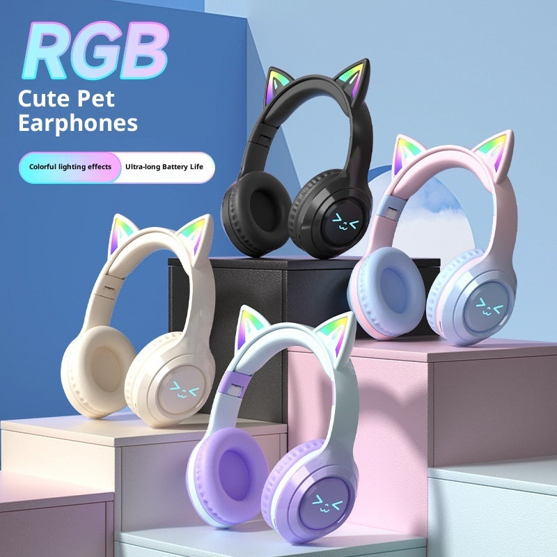 RGB cat ear headphones on a display with a blue background