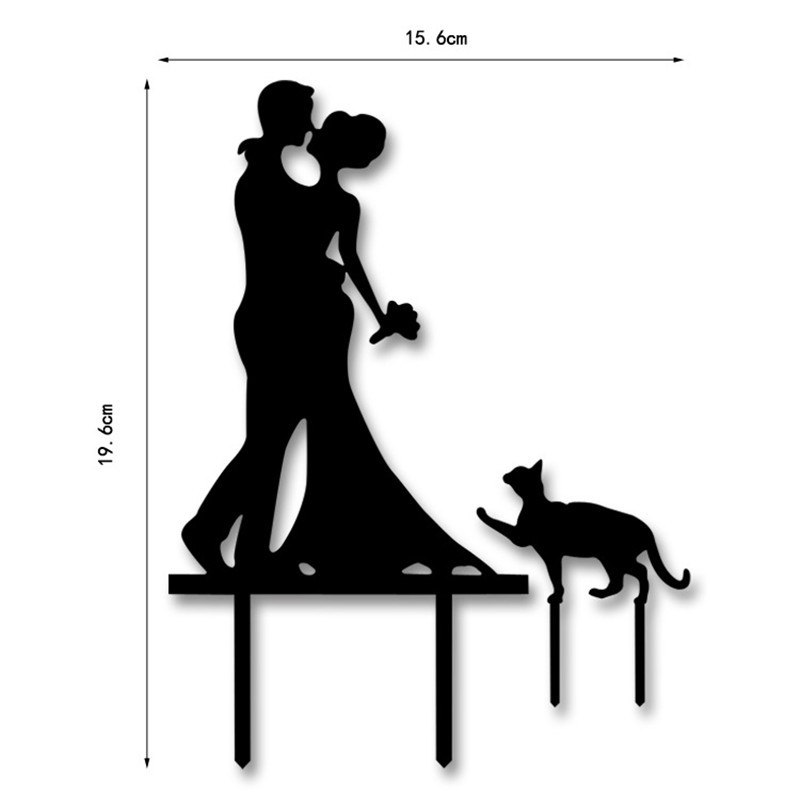 Silhouette of a couple with a dog on a stand, with dimensions indicated.