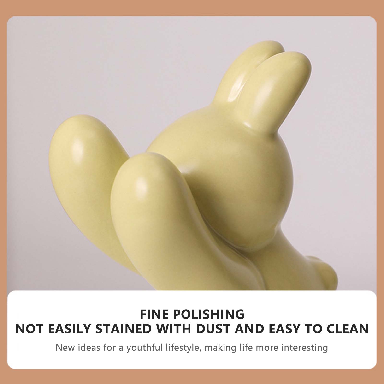 Yellow ceramic sculpture on a plain background with text about material properties.