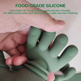 Green silicone glove held by a hand with text about food-grade silicone properties.