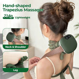 Hand-shaped trapezius massager being used on a person's neck and shoulder with additional views of its use on the leg.