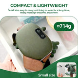 Compact massage device with text highlighting its small size and weight.