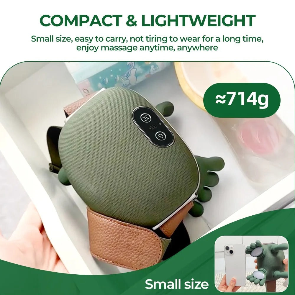 Compact massage device with text highlighting its small size and weight.