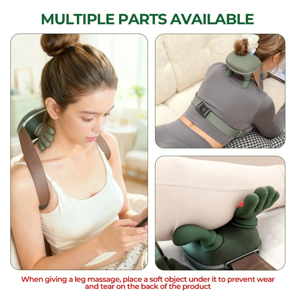 Woman using a neck and back massager with additional views of its use.