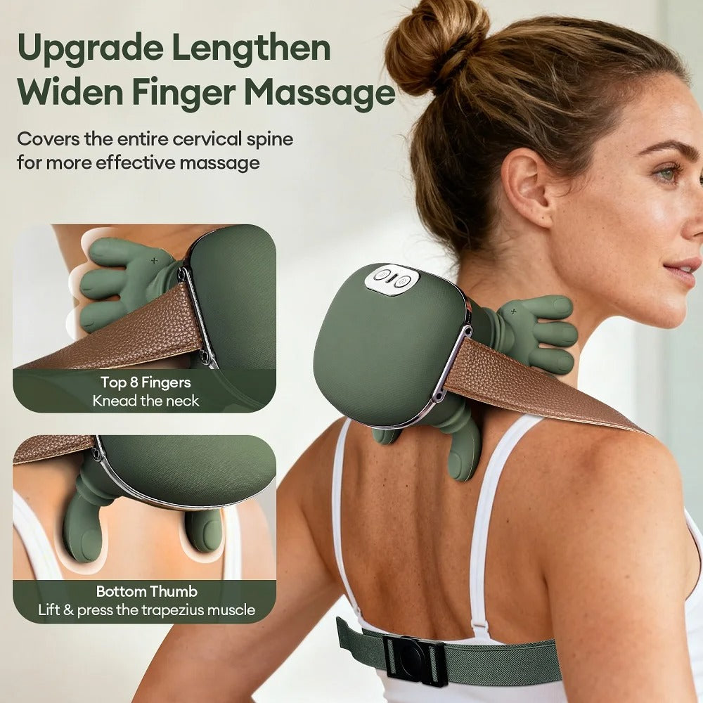 Woman using a neck and shoulder massager with text describing its features.