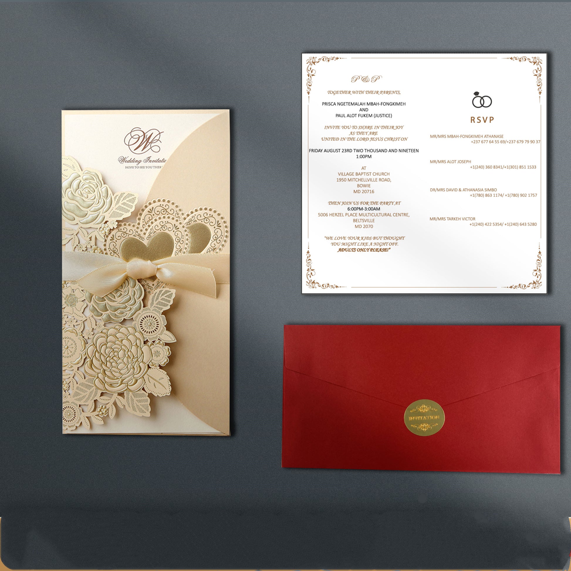 Wedding invitation set with floral design, red envelope, and RSVP card on a dark background