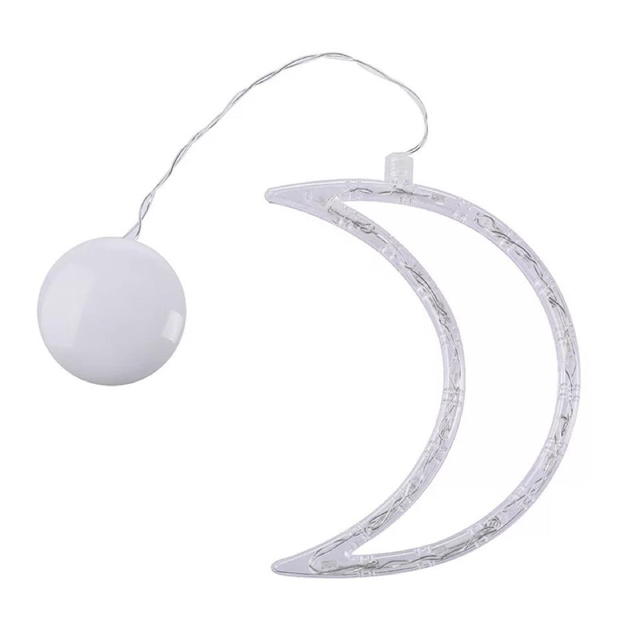 Decorative string light with a moon-shaped holder and a white ball on a white background