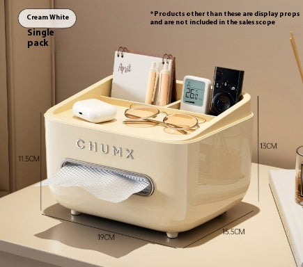 Beige desk organizer with various items on a neutral background