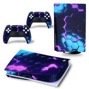 Gaming console and controllers with a blue and purple hexagonal pattern skin.