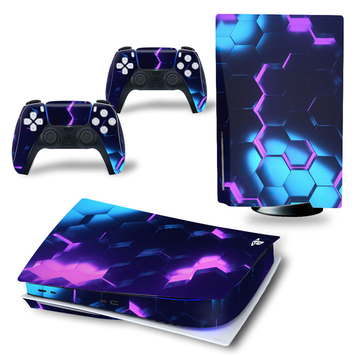 Gaming console and controllers with a blue and purple hexagonal pattern skin.