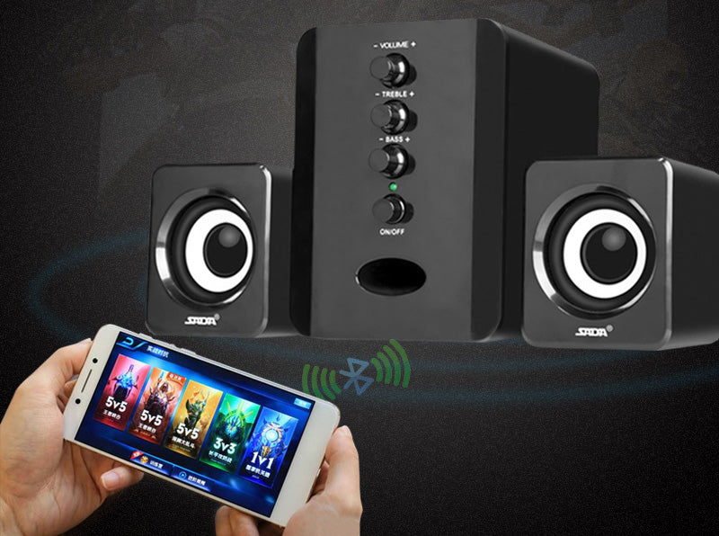 D-202 combination computer speaker system featuring a dedicated subwoofer and stereo sound box for smartphones and PCs