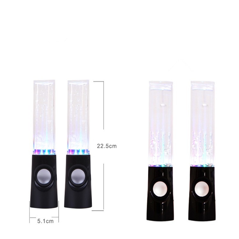 Black water fountain speakers with LED lights and measurements on a white background