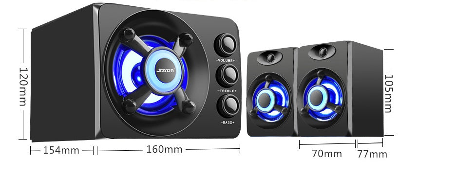 Two black speakers with blue lights and dimensions on a white background