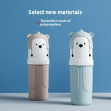 Two bear-shaped bottles, one beige and one light blue, on a blue background with text about material selection.