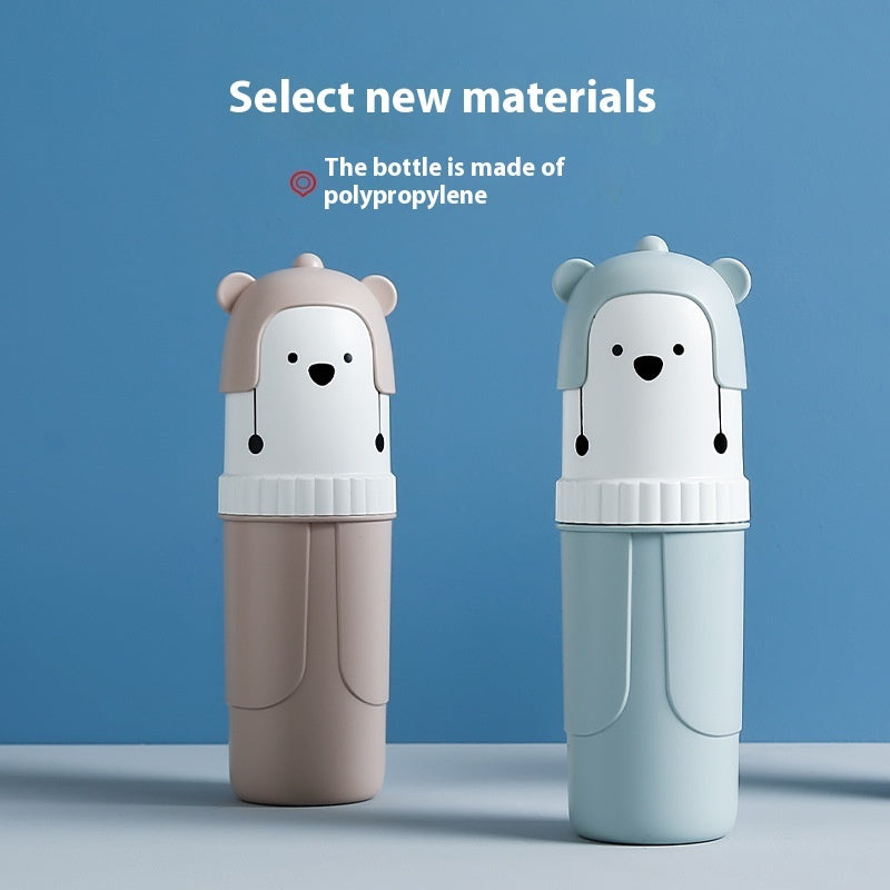 Two bear-shaped bottles, one beige and one light blue, on a blue background with text about material selection.