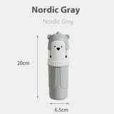 Gray tumbler with bear design and measurements on a white background