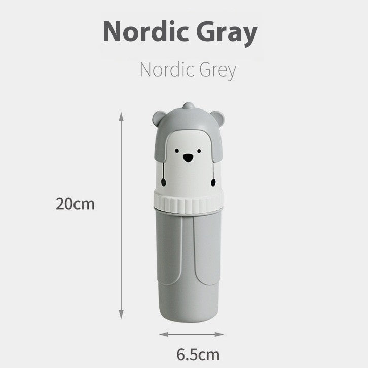 Gray tumbler with bear design and measurements on a white background