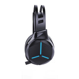 Black gaming headset with blue lights on a white background