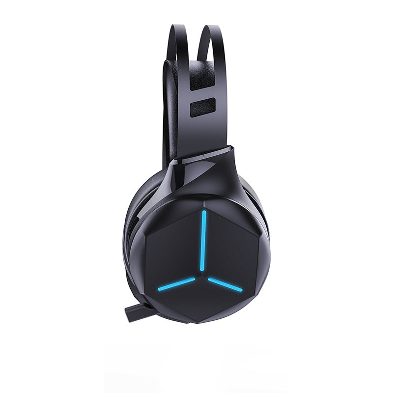 Black gaming headset with blue lights on a white background