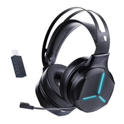 Black gaming headset with blue light on a white background