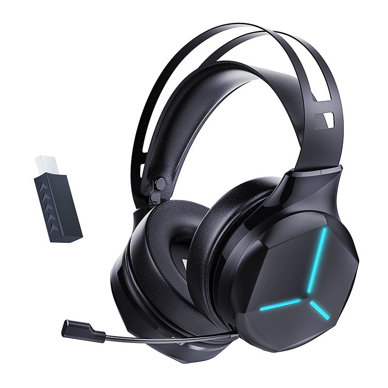 Black gaming headset with blue light on a white background