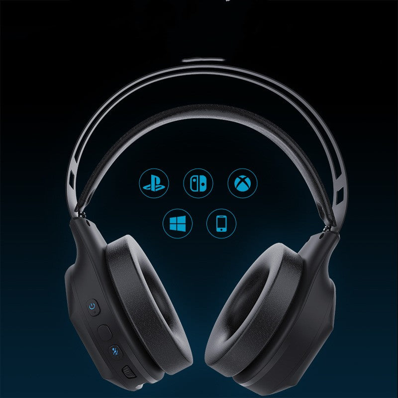 Black gaming headset with icon lights on a dark background
